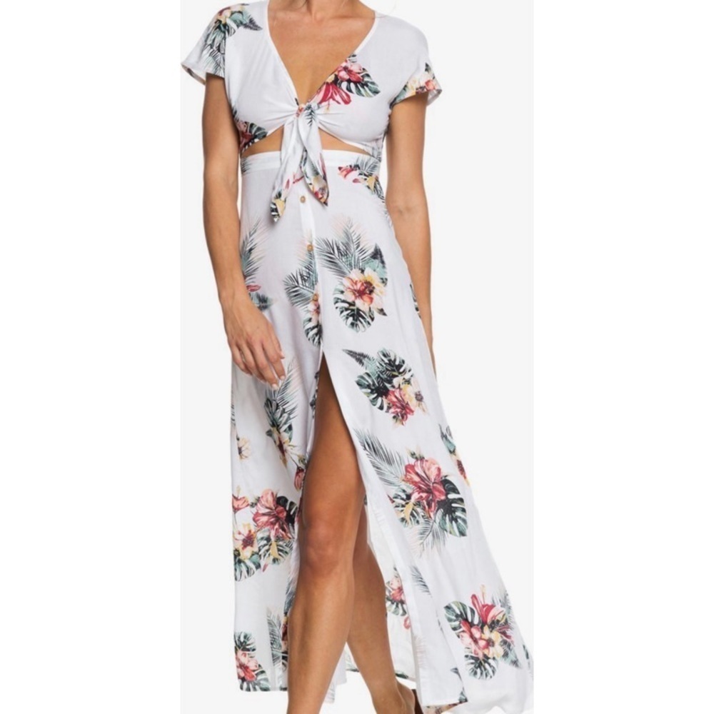 Roxy White Tropical Floral Tie-Front Maxi Dress
